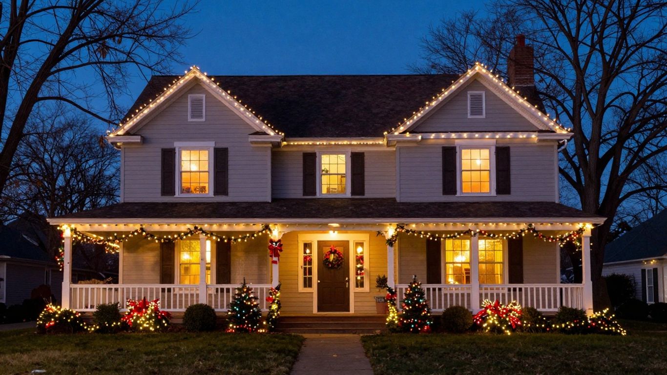 O'Fallon house decorated with bright Christmas lights.