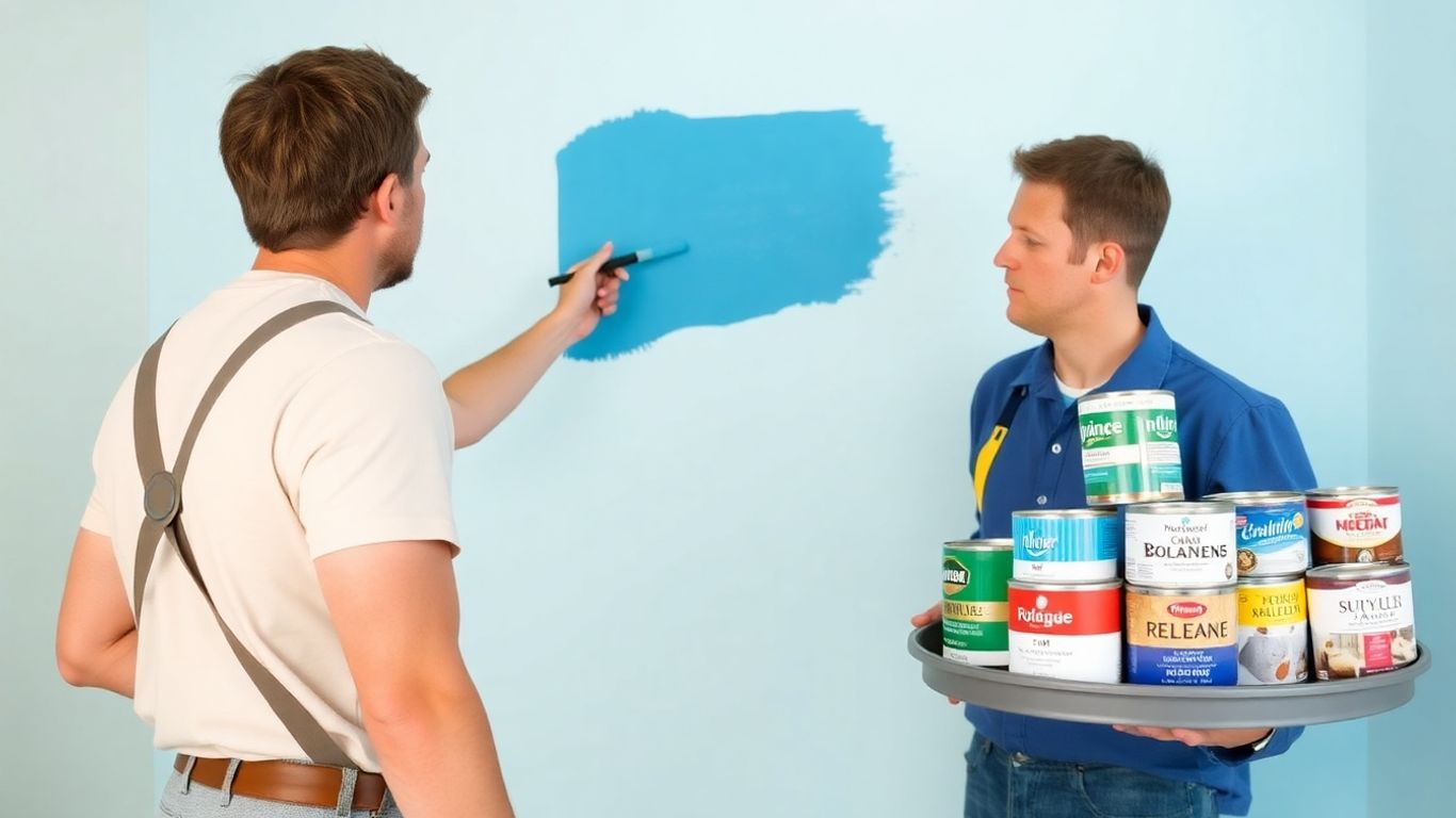 Painter applying blue paint, paint cans displayed.
