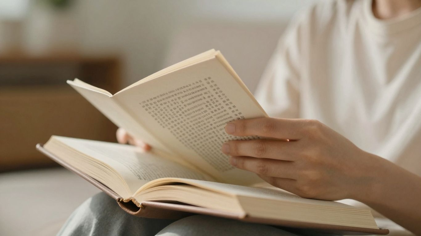 Persoană citind o carte, lumină caldă, atmosferă liniștită.