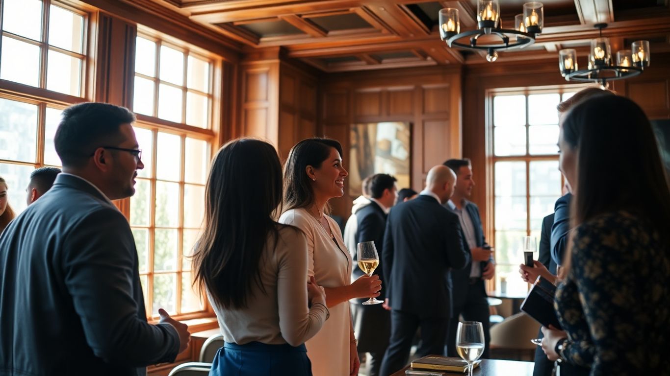 People networking in a luxurious private club.