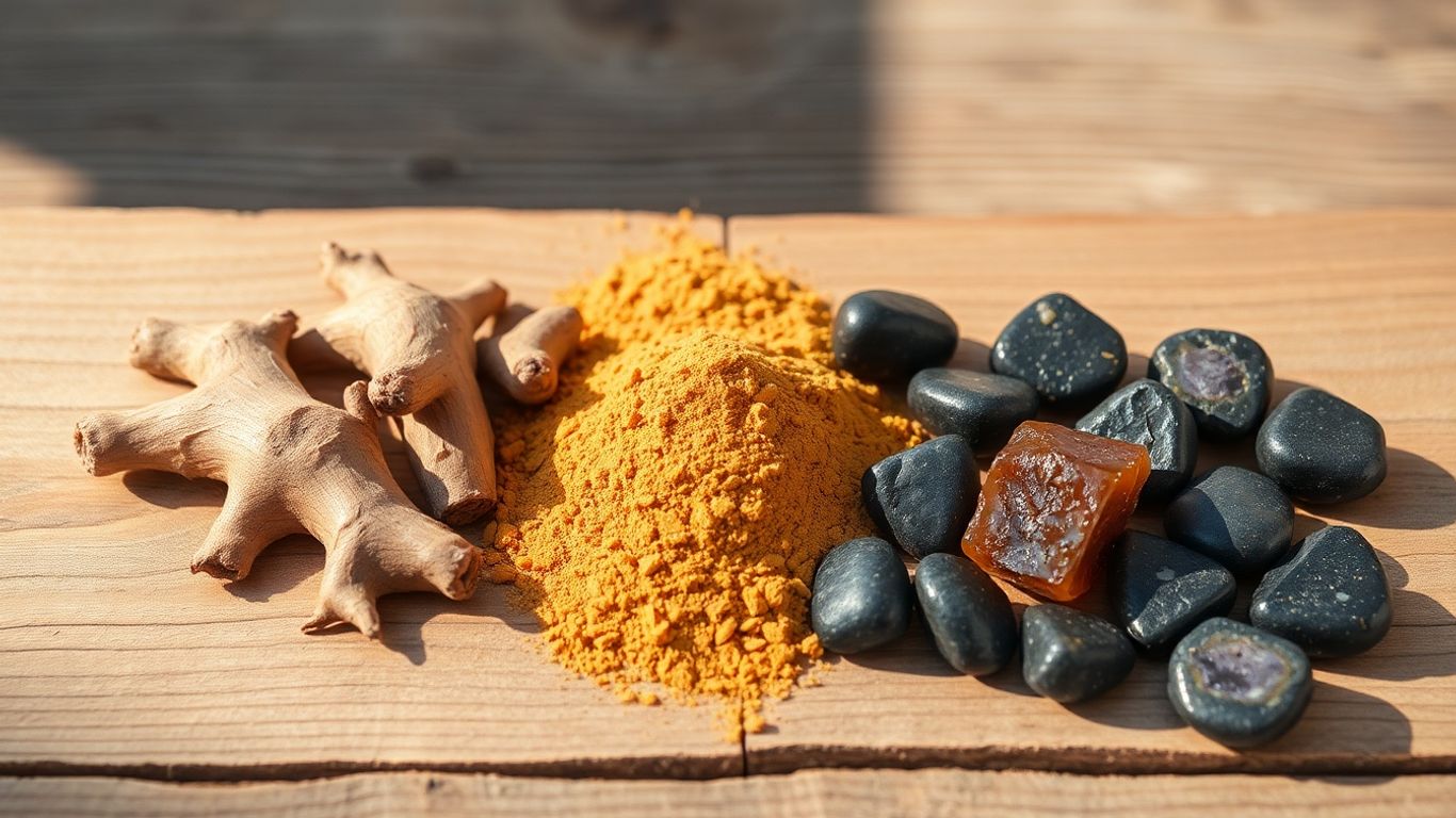 Ashwagandha roots and shilajit resin side by side.