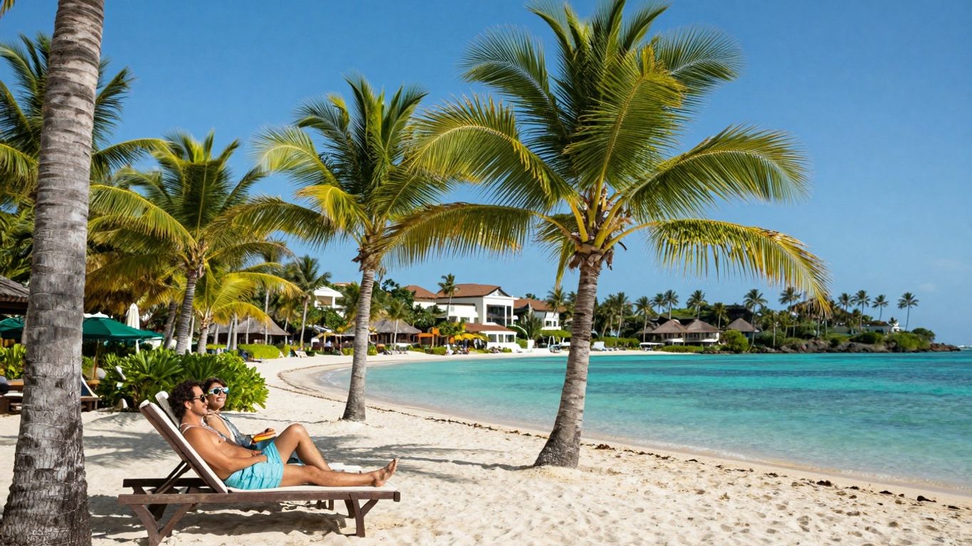 Couple relaxing on a tropical beach with resort.
