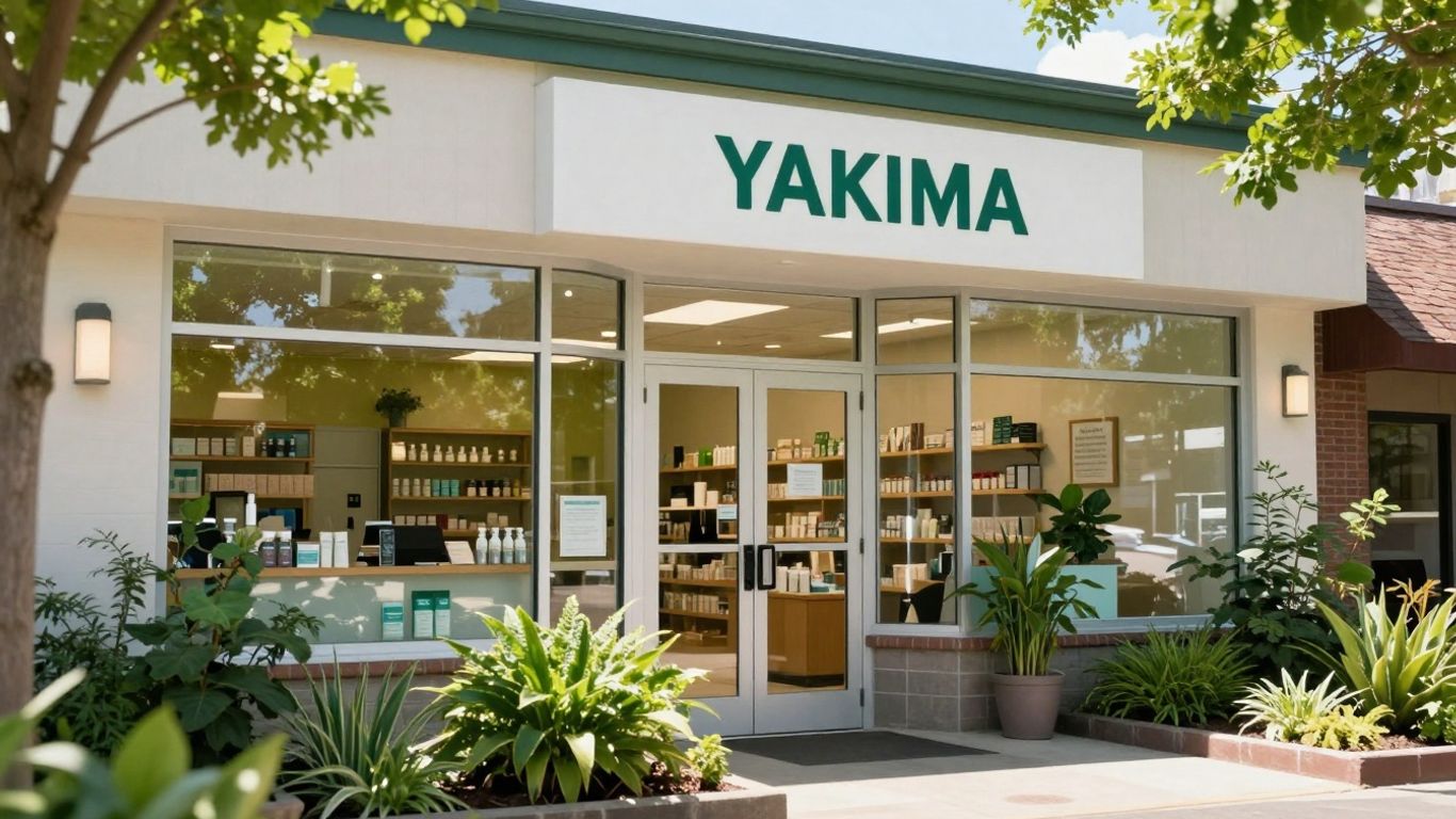 Modern dispensary exterior in Yakima, Washington with green plants.