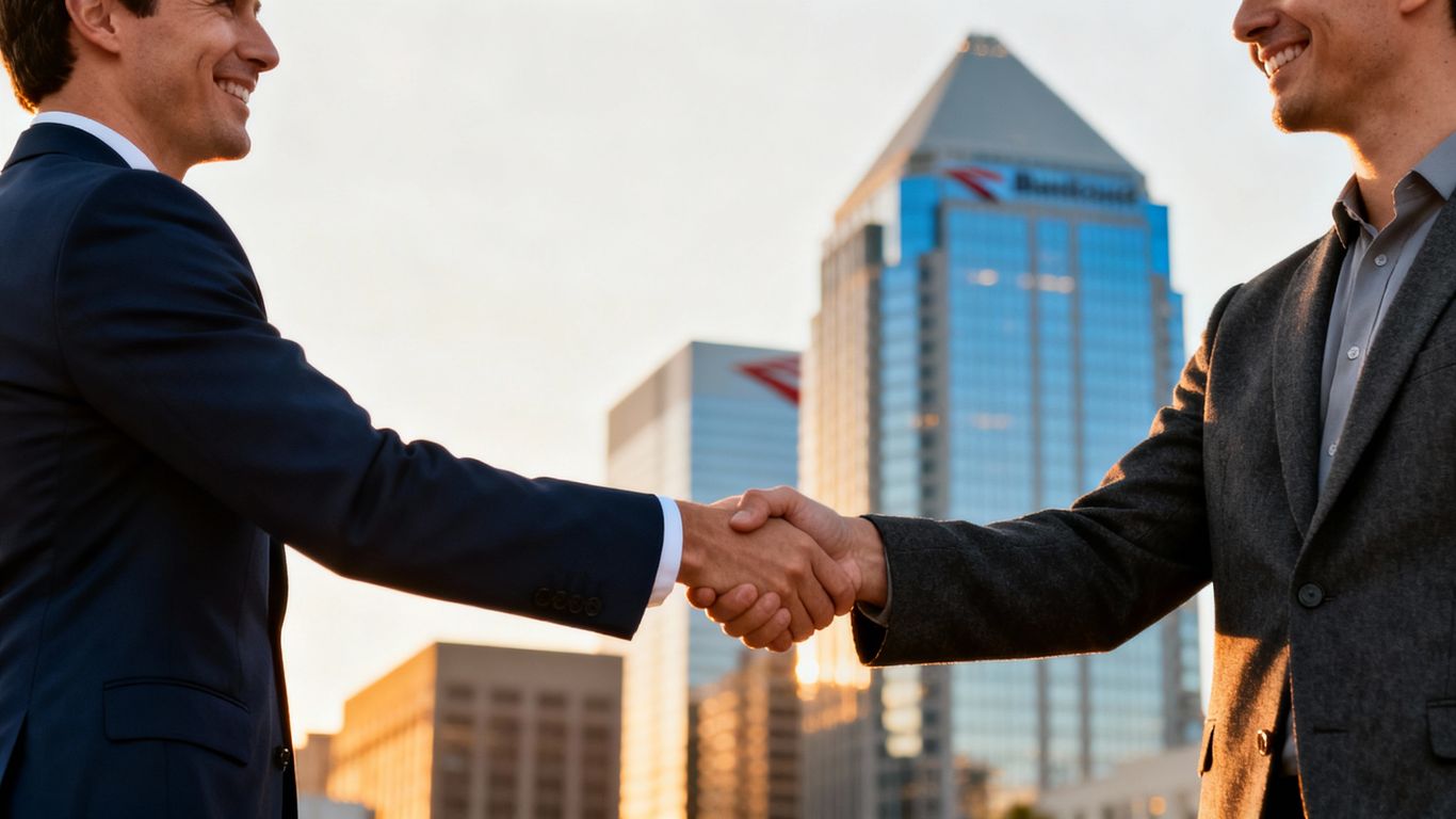 Business handshake with Atlanta skyline background.