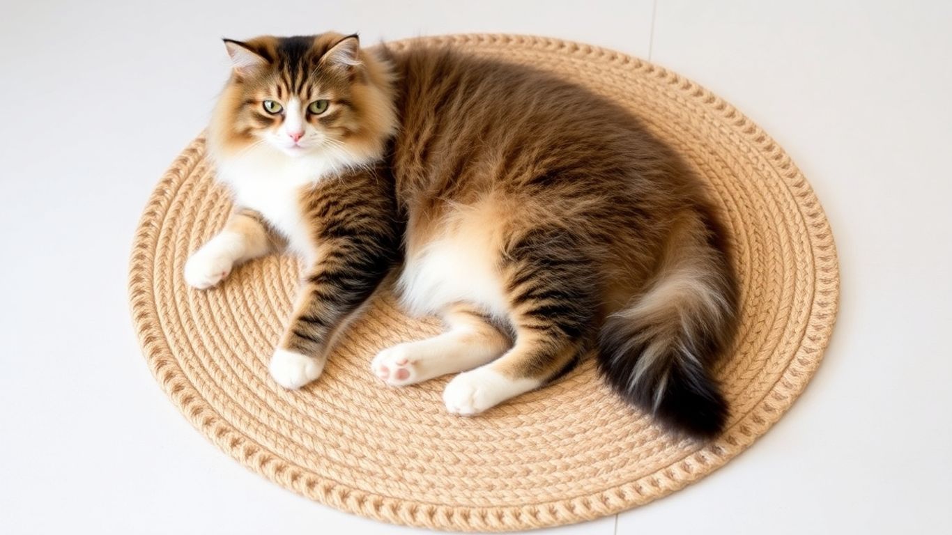 Cat relaxing on circular sisal scratch mat bed.