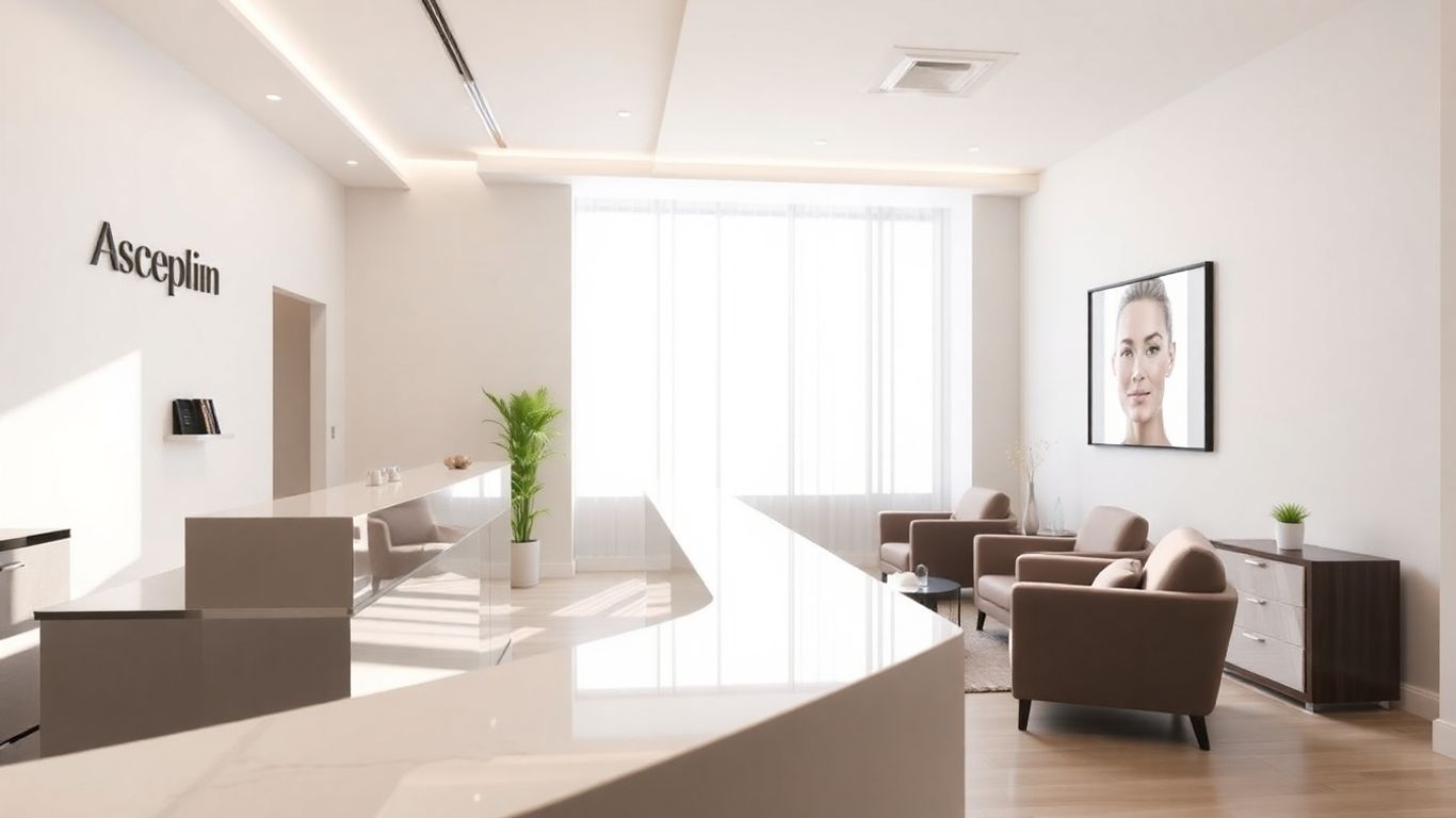 Aesthetic clinic interior with reception and waiting area.