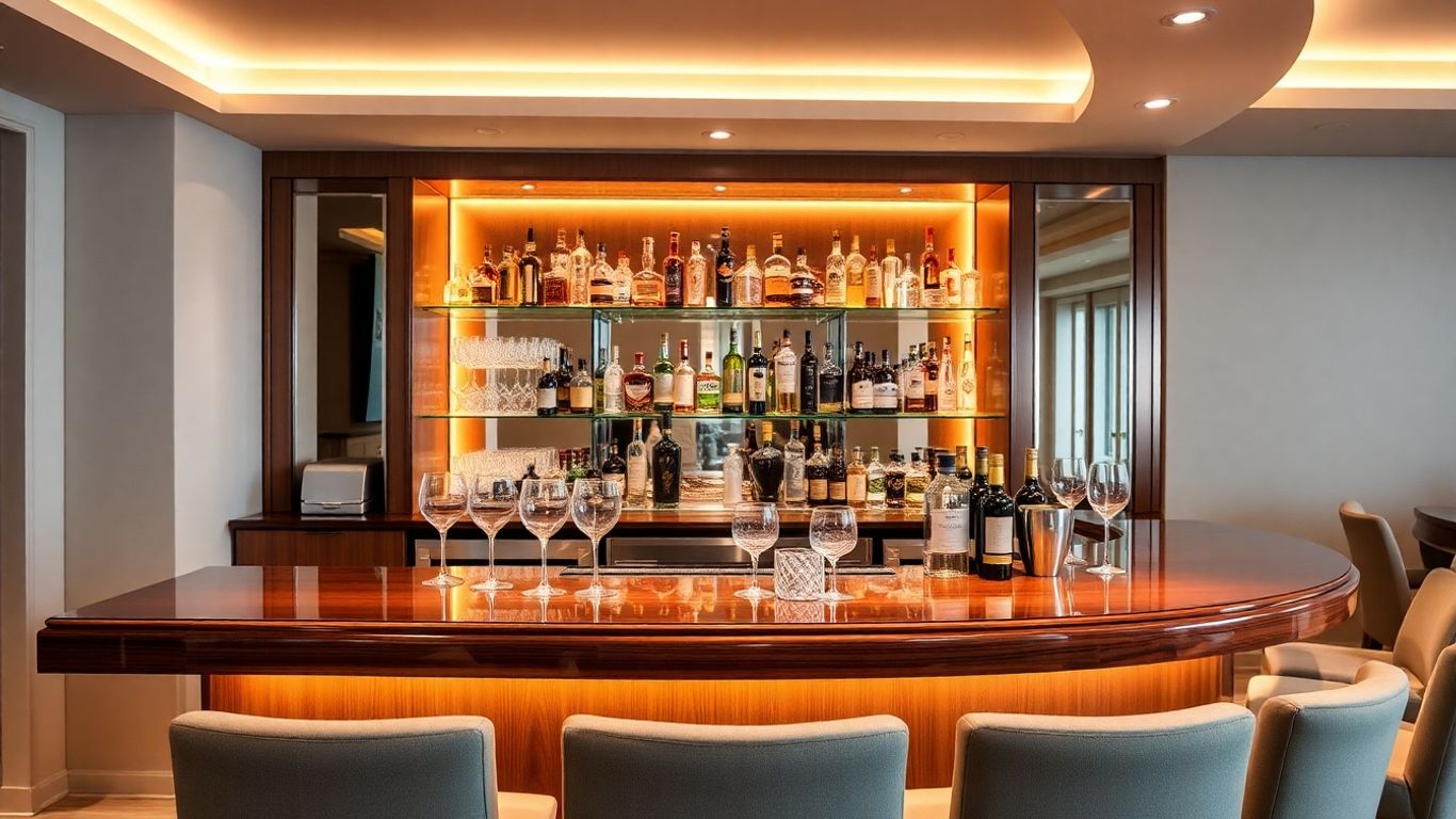 Stilvolle Hausbar mit Gläsern und Spirituosen
