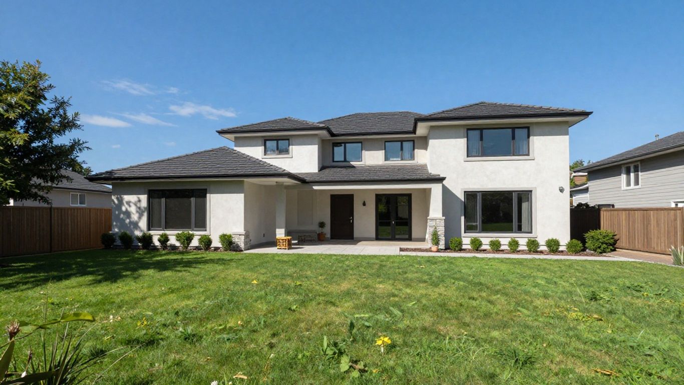 Casa moderna con jardín verde y cielo azul.