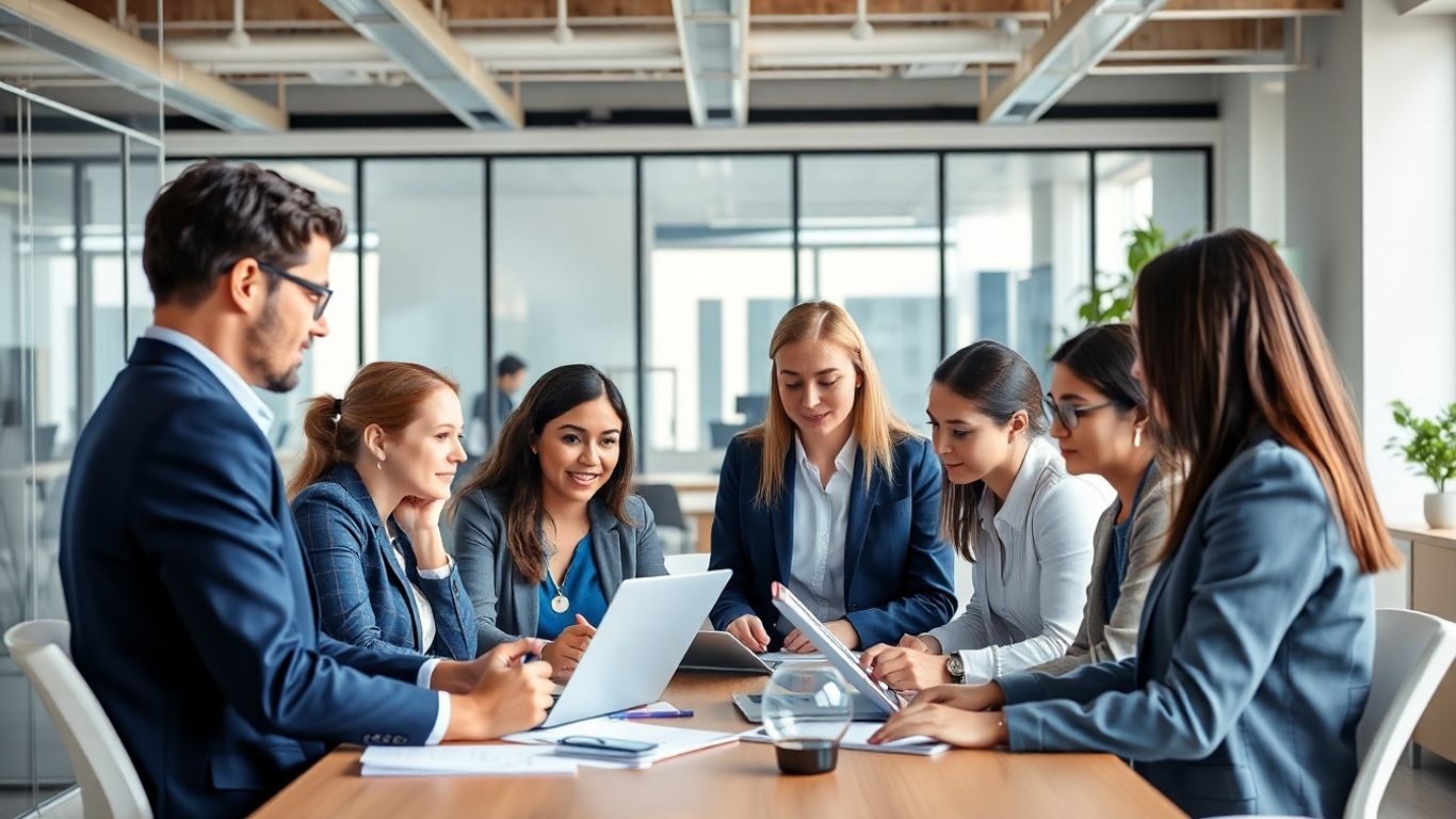 Fachkräftemangel gelöst: Wie ein mittelständischer Betrieb 10 Spezialisten in 3 Monaten fand Mitarbeiter in einem modernen Büro mit blauen Akzenten.