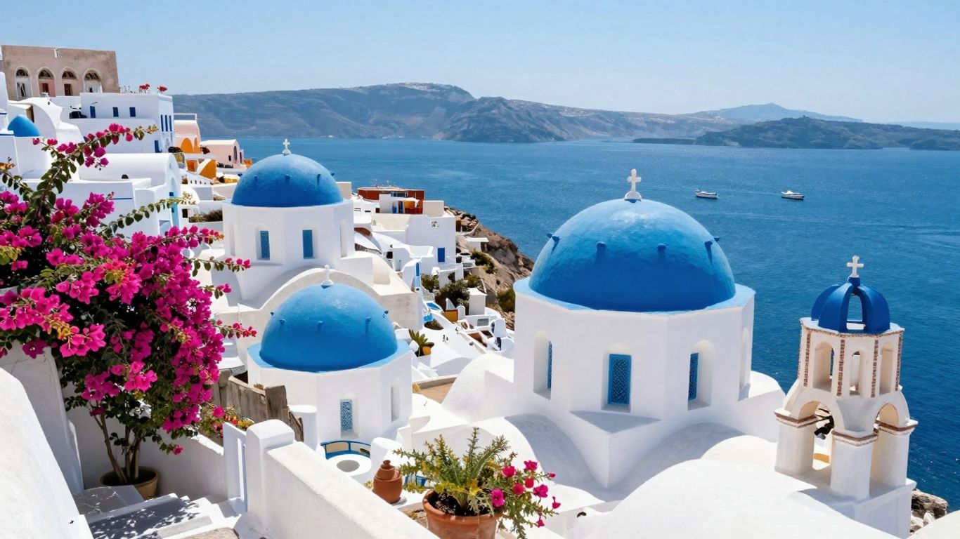 Whitewashed Greek village with blue domes and sparkling sea.