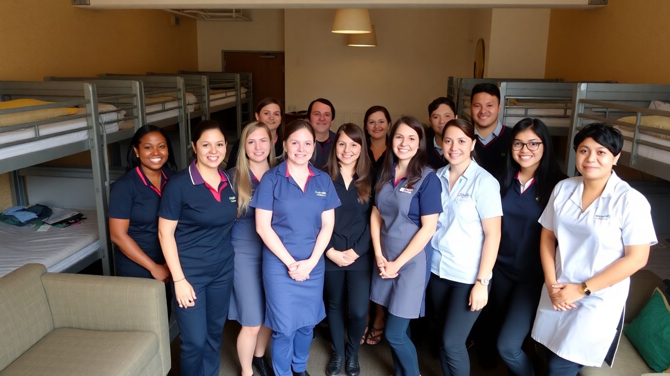 Hostel staff and residents in a warm, supportive environment