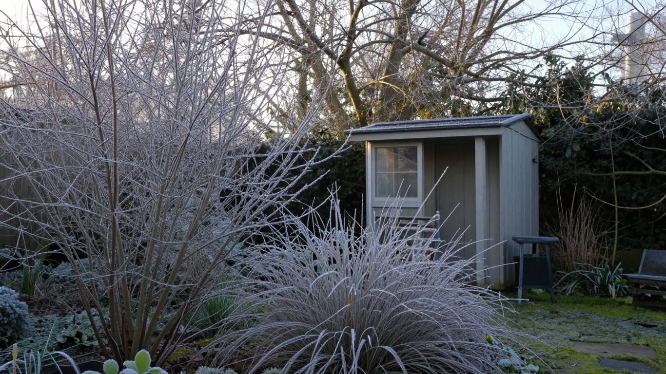 Winterlicher Stadtgarten mit frostigen Pflanzen und gemütlicher Hütte.