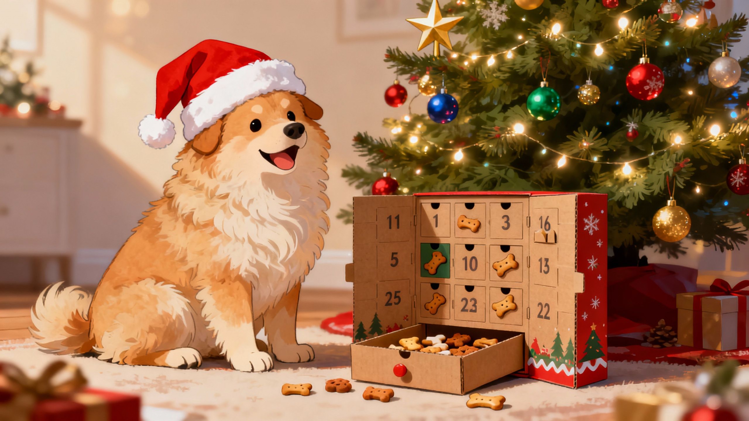 Christmas dog with advent calendar and Santa hat.