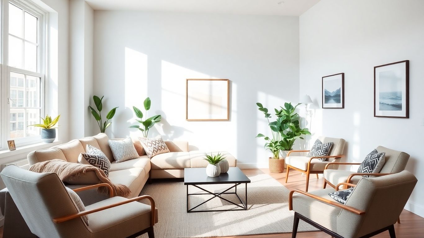 Modern Airbnb living room with stylish furniture and natural light.