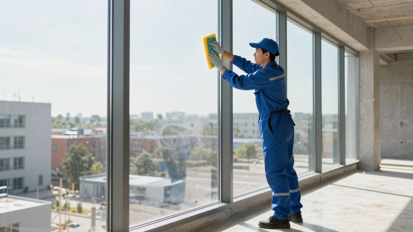 Cleaner wiping a window in a new building.
