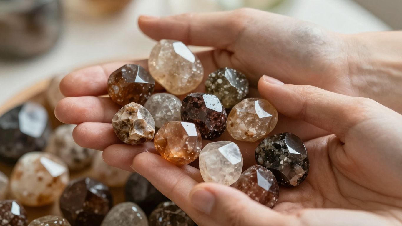 Hands arranging healing crystals for massage