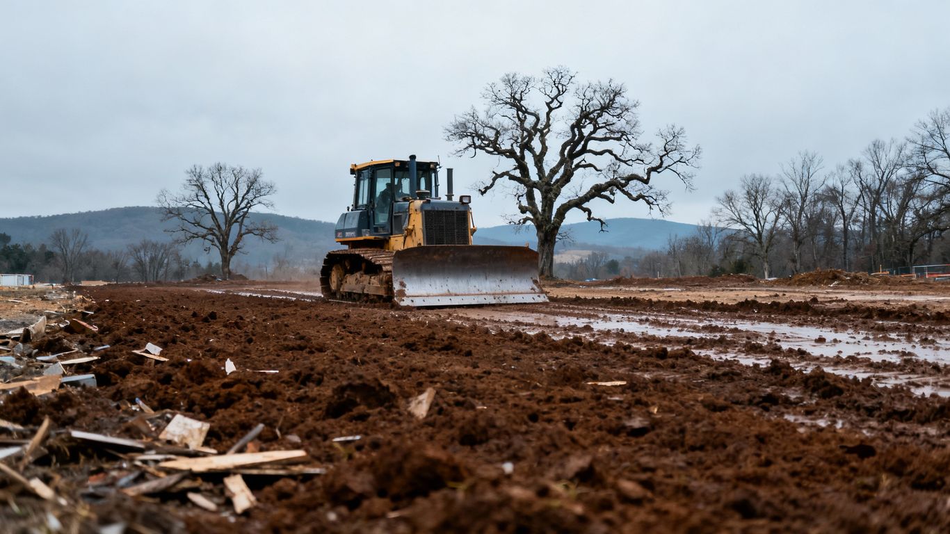 Bulldozer grading muddy construction site in February.