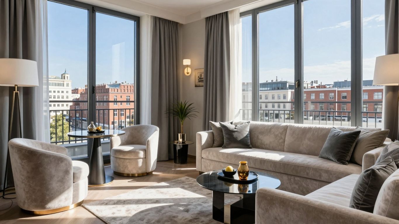Luxuriöses Hotelzimmer in Berlin Mitte mit Stadtblick.
