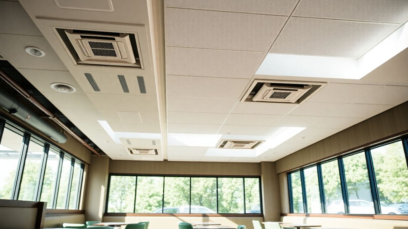 Intérieur de restaurant moderne avec ventilation CVC visible.