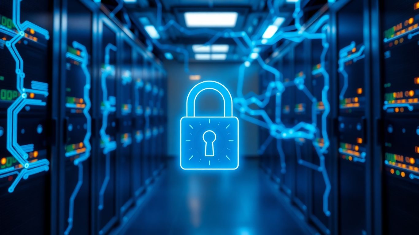 Server room with blockchain network and digital padlock