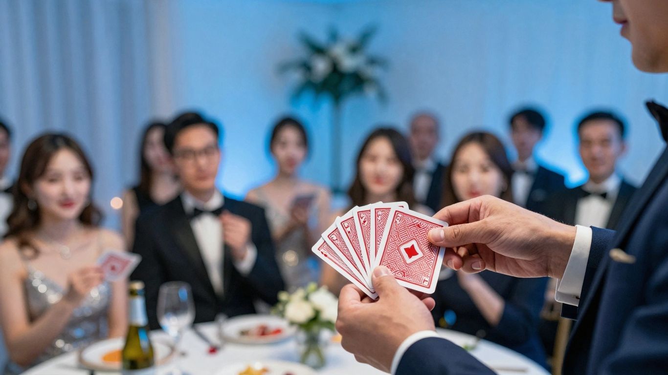 Magician performing a card trick at a private event.