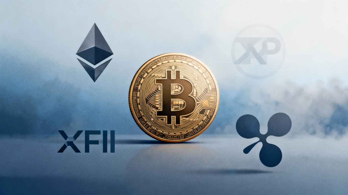 Bitcoin, Ethereum, and XRP logos in a stable market.