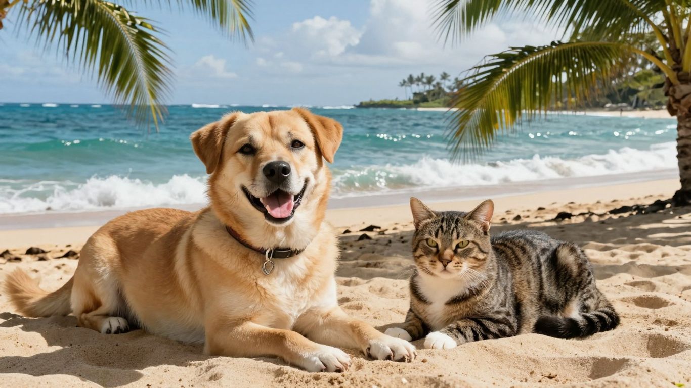 Happy dog and cat on a Hawaiian beach.