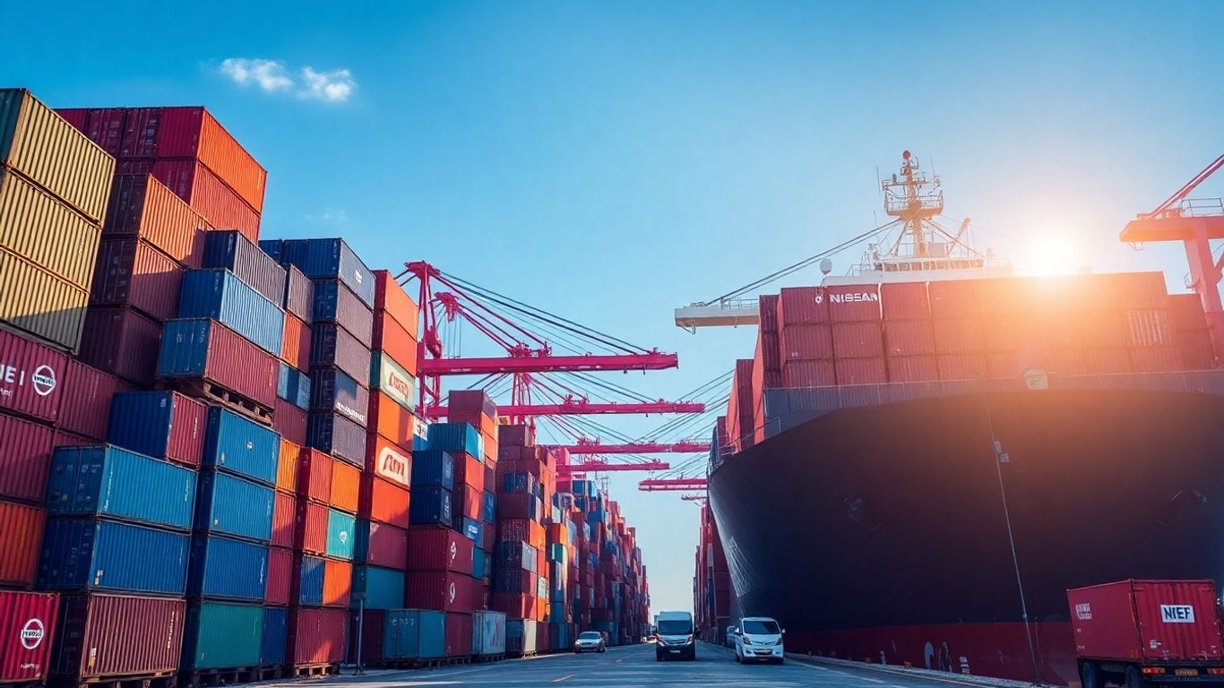 Nissan parts being shipped globally from a busy port.