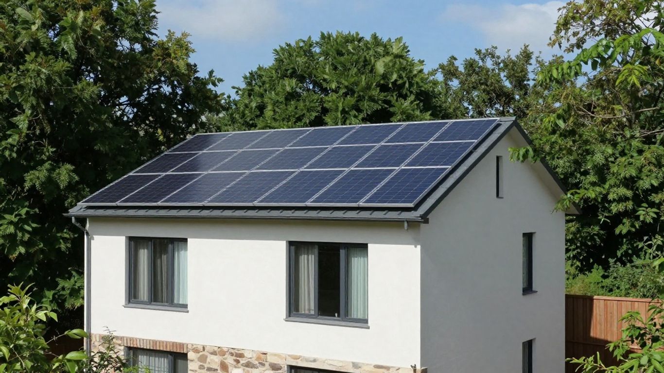 Maison avec panneaux solaires sous un soleil éclatant.