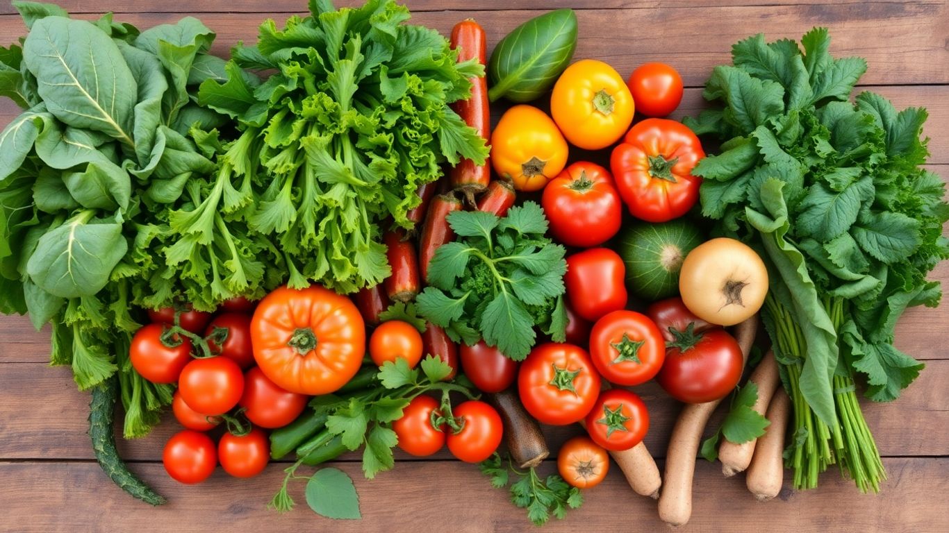 Légumes bio frais et colorés sur une table en bois.