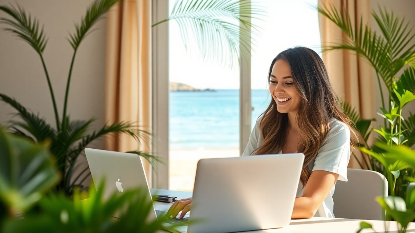 Woman working from home, dreaming of Australian travel.
