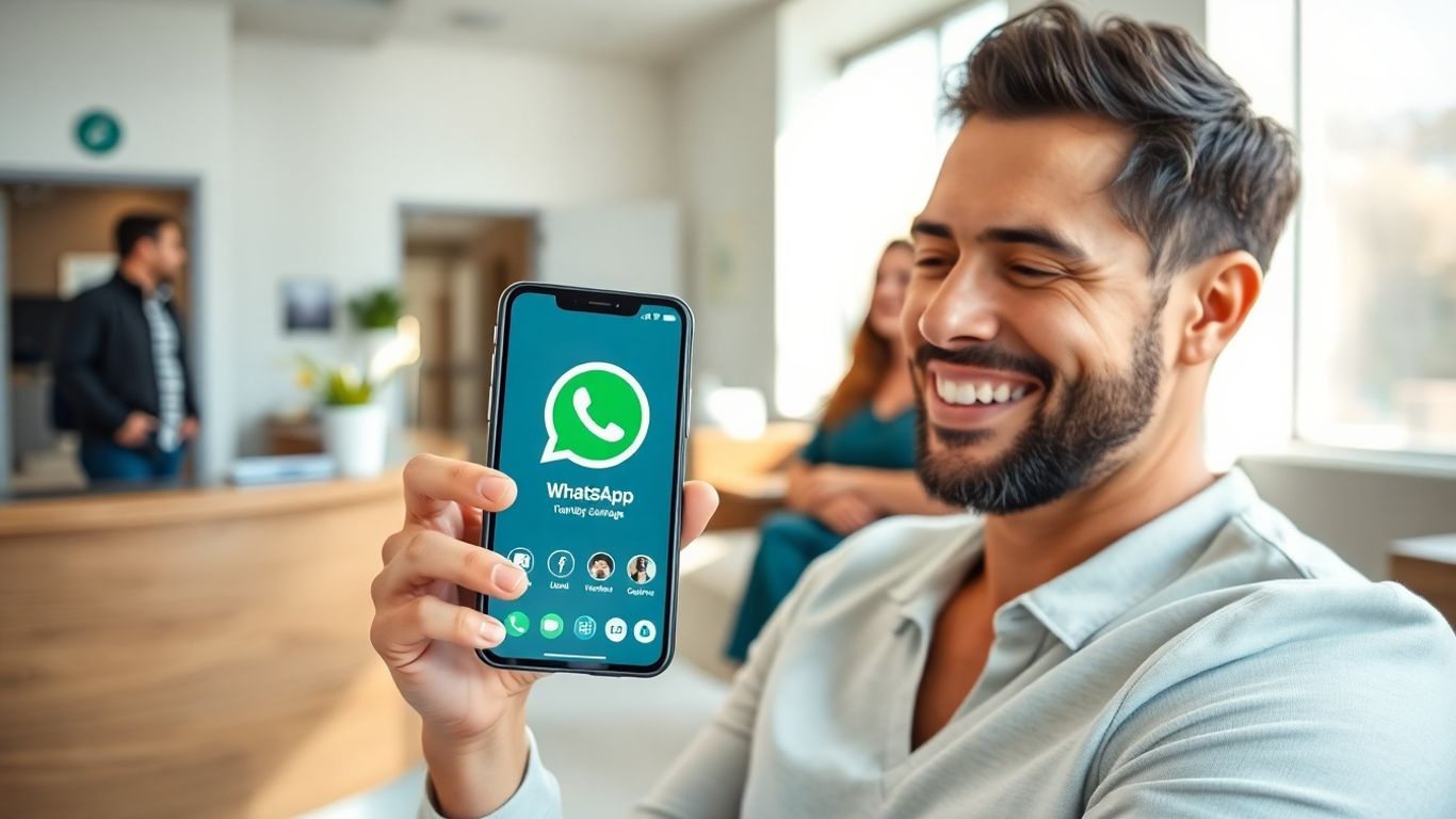 Clinic reception with patient using WhatsApp on phone.