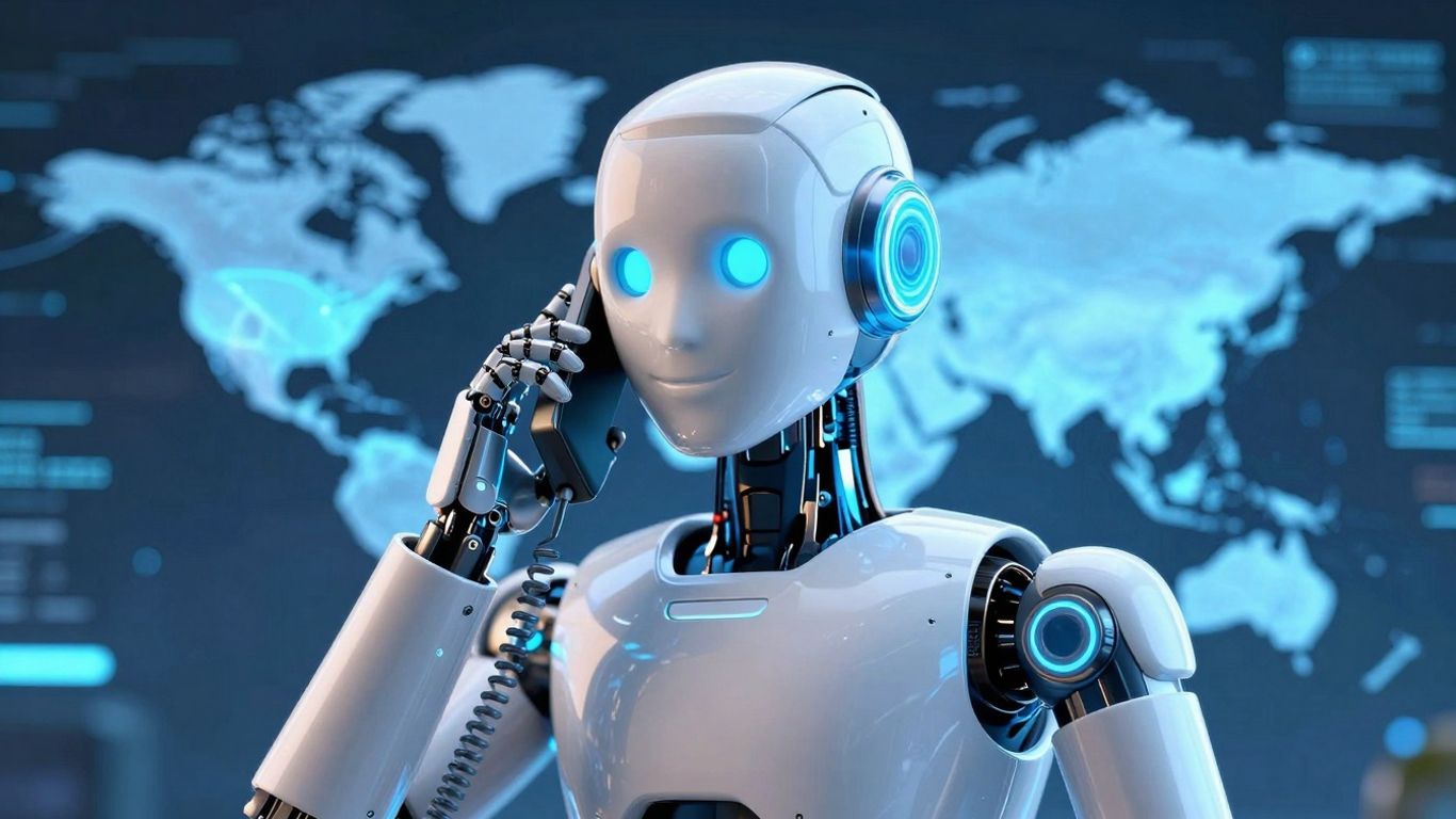 Robot making a cold call with futuristic background.