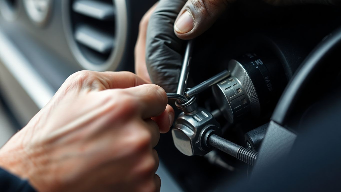Locksmith working on a car ignition with tools.