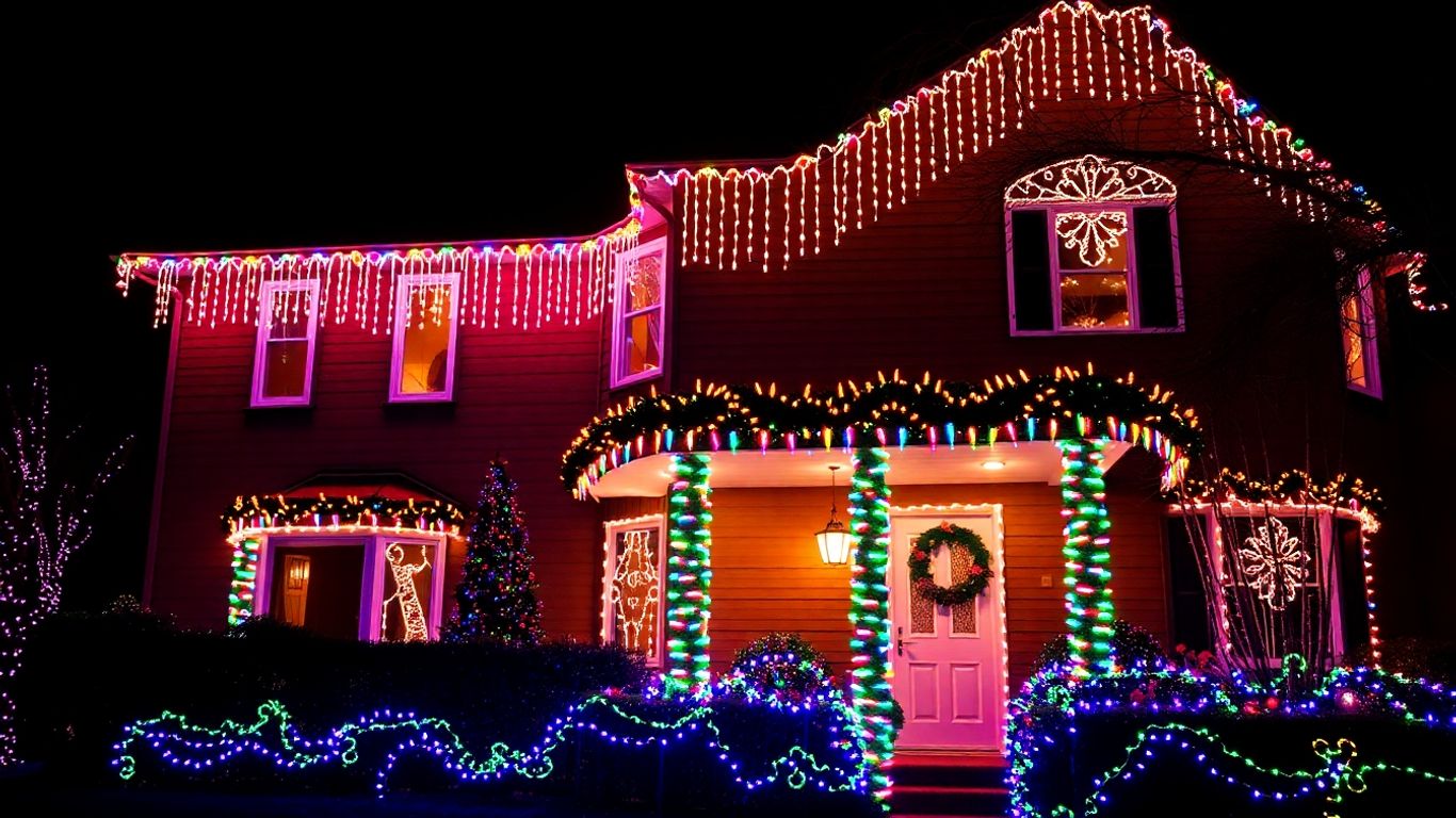 House decorated with colorful Christmas lights at night.