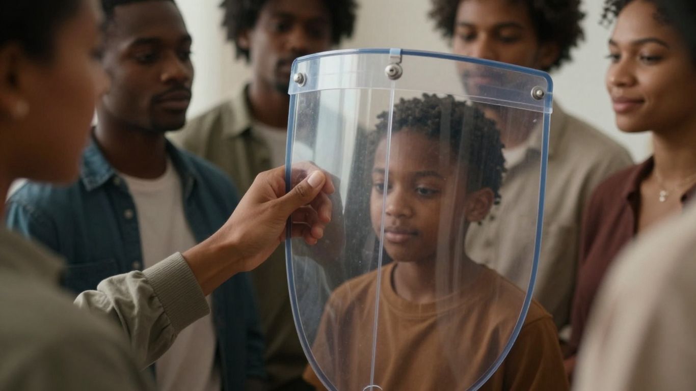 Hand protecting people with a shield.