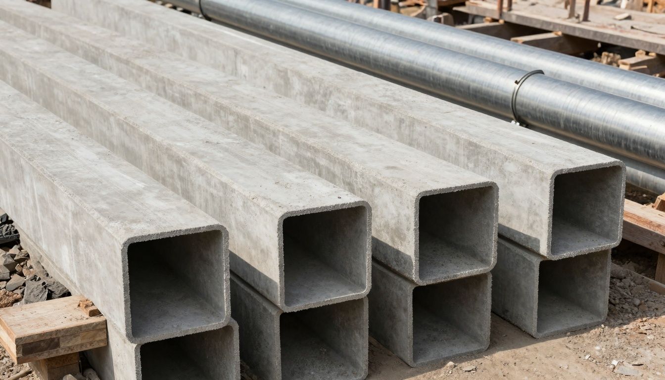 Polymer concrete drainage channels stacked at a construction site, illustrating weight and bulk compared to stainless steel