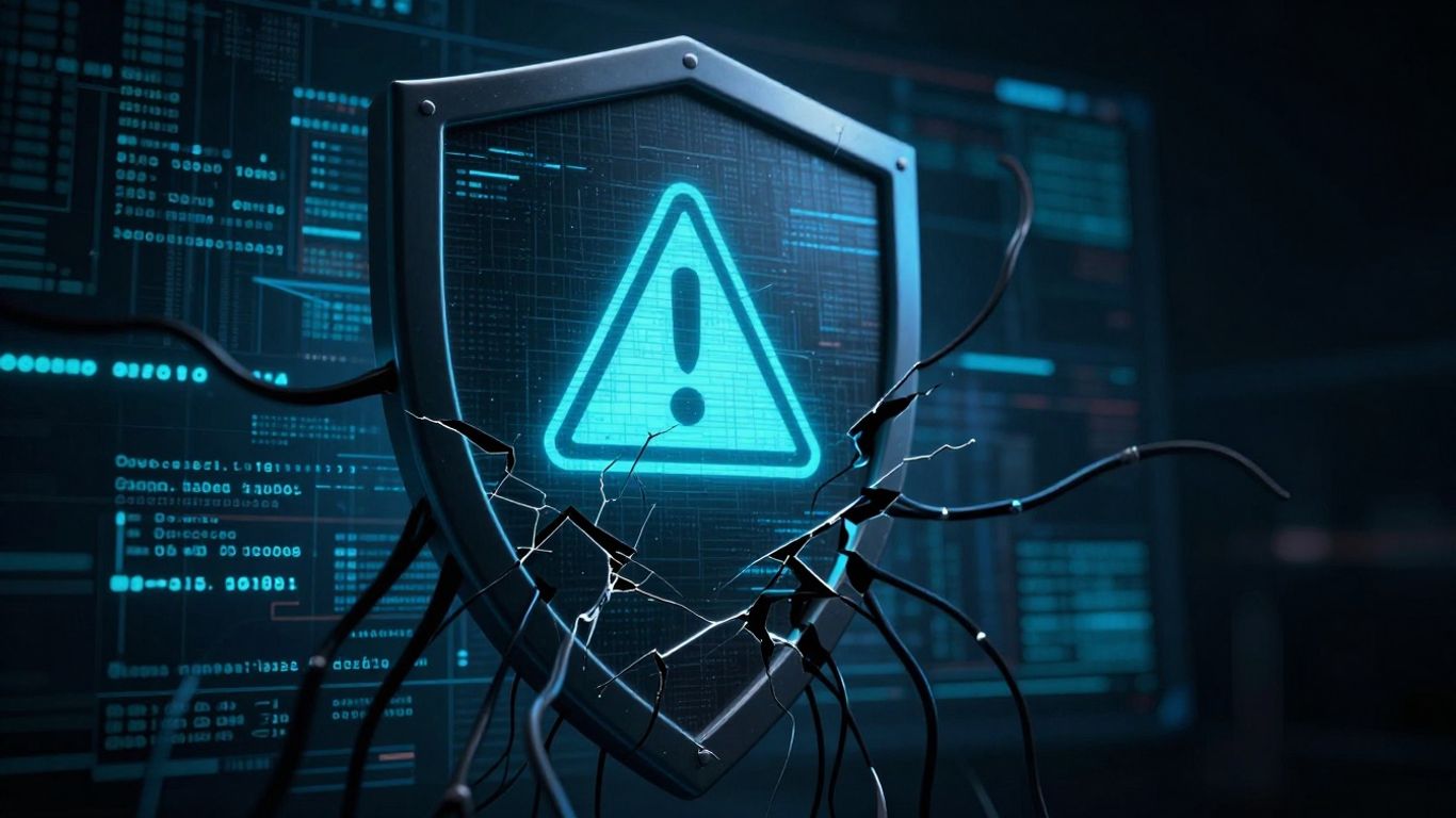 eScan Antivirus logo broken, dark code spreading, digital chaos.