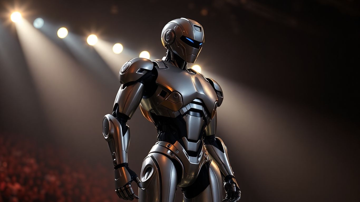 Optimus robot performing on a concert stage.