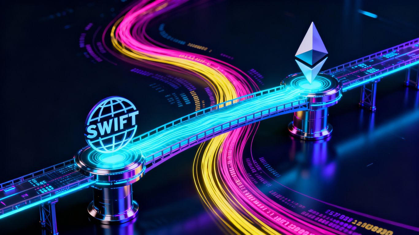 SWIFT and Ethereum logos connected by light streams.