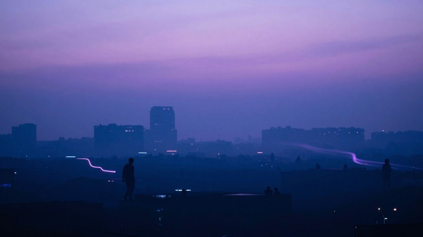 Ethereal cityscape with neon lights and silhouetted figures.