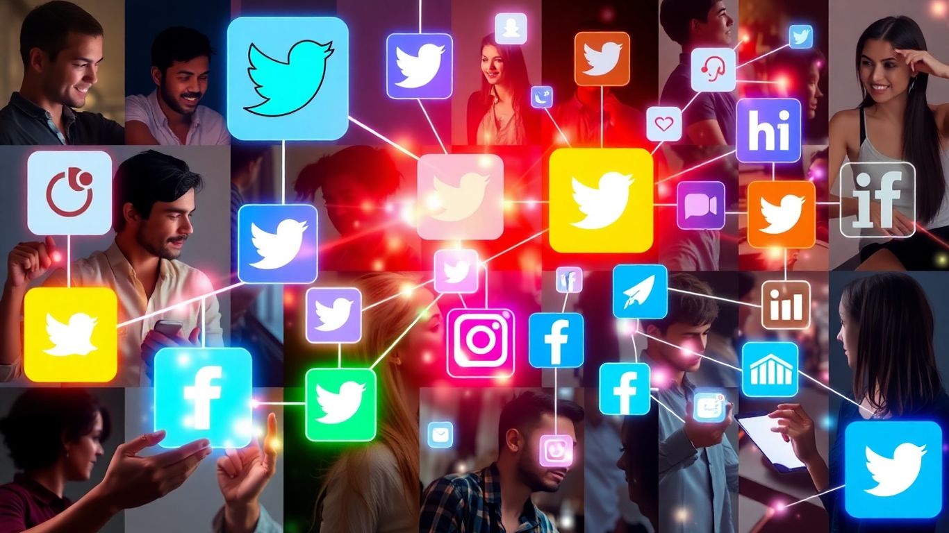 People interacting with glowing digital interfaces and social media icons.