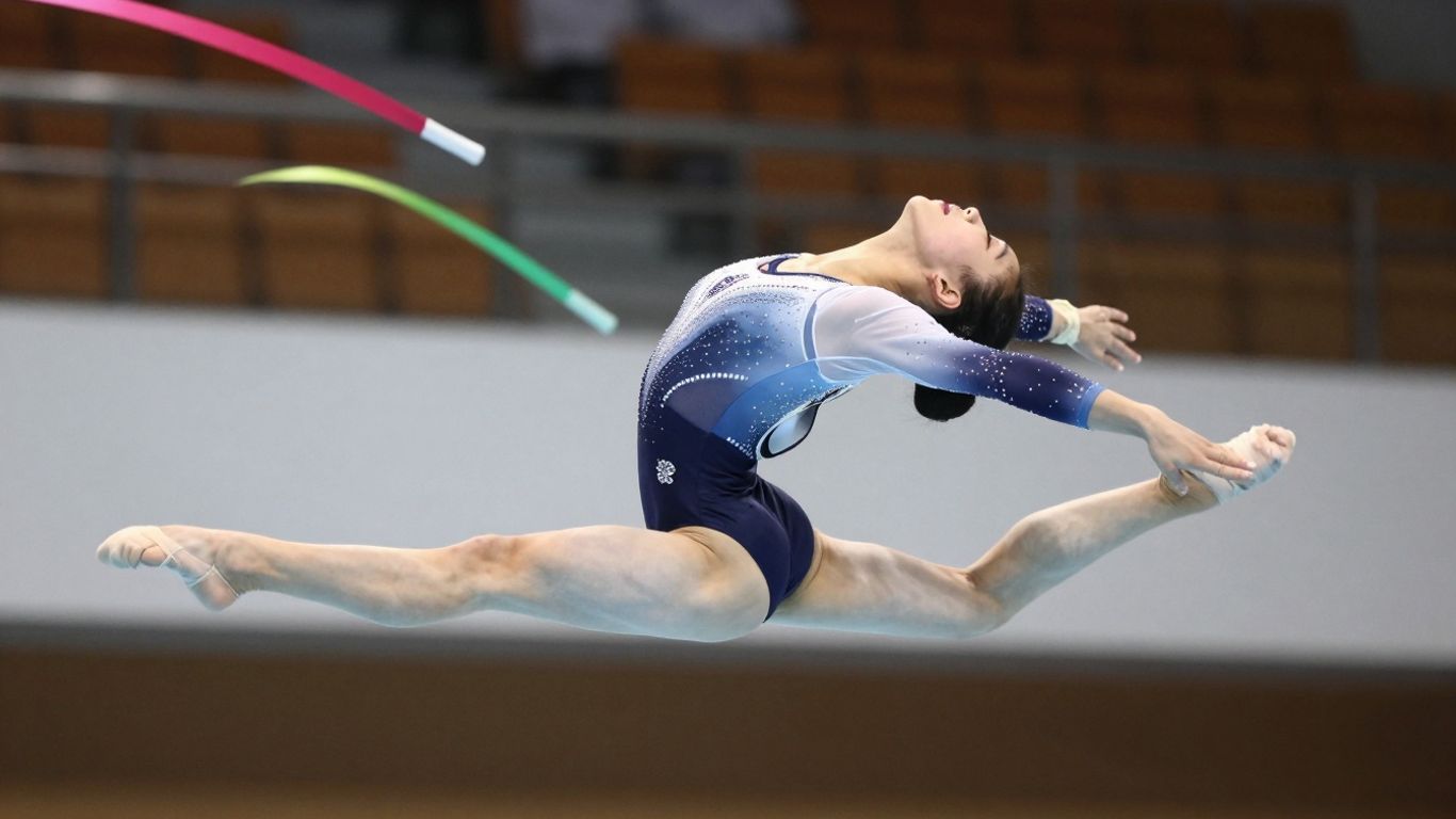 Gimnastă în aer executând un salt grațios.