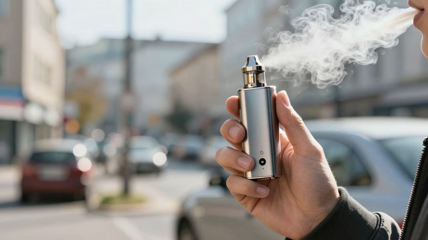 Person dampft entspannt im Freien mit modernem Gerät.