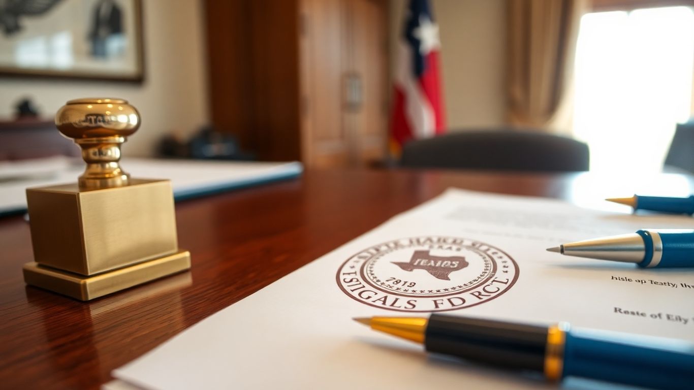 Texas seal stamp and notary tools on desk