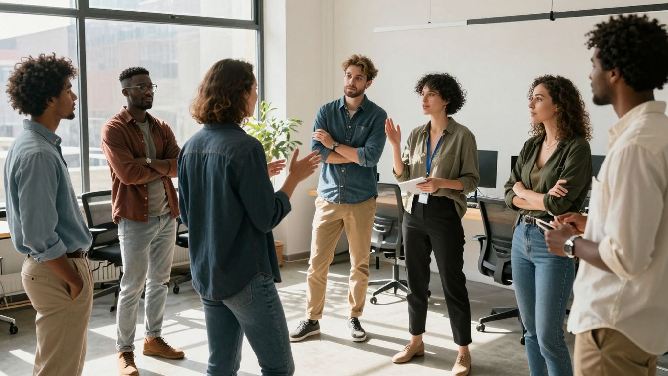 Young professionals collaborating in a modern marketing agency office.