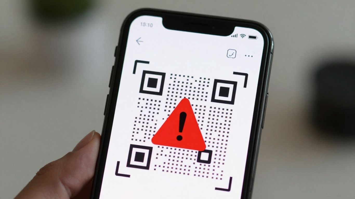 Smartphone showing a QR code scanner with a safety warning.