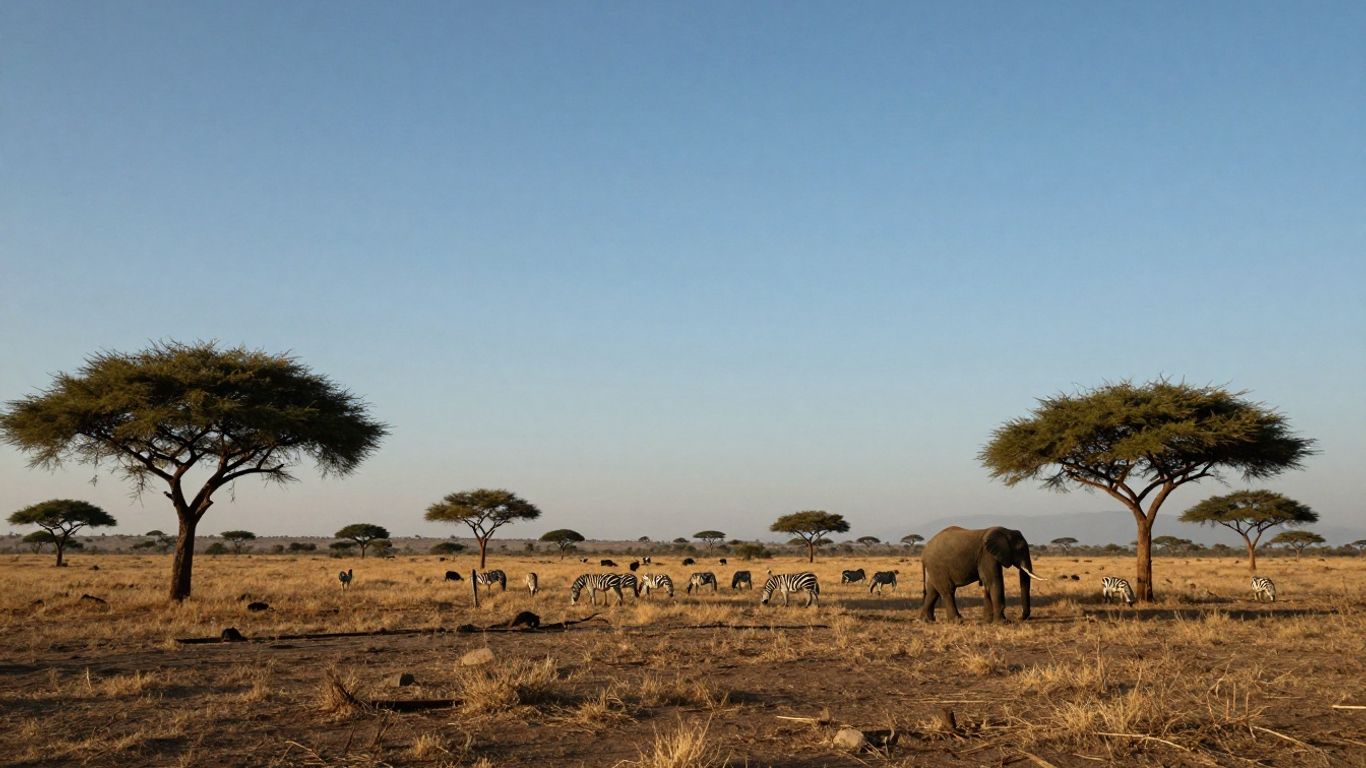 Tanzanian savanna with zebras and an elephant at sunset.