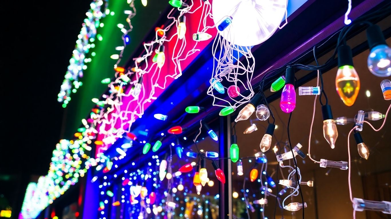 Various commercial Christmas lights illuminating a building facade.