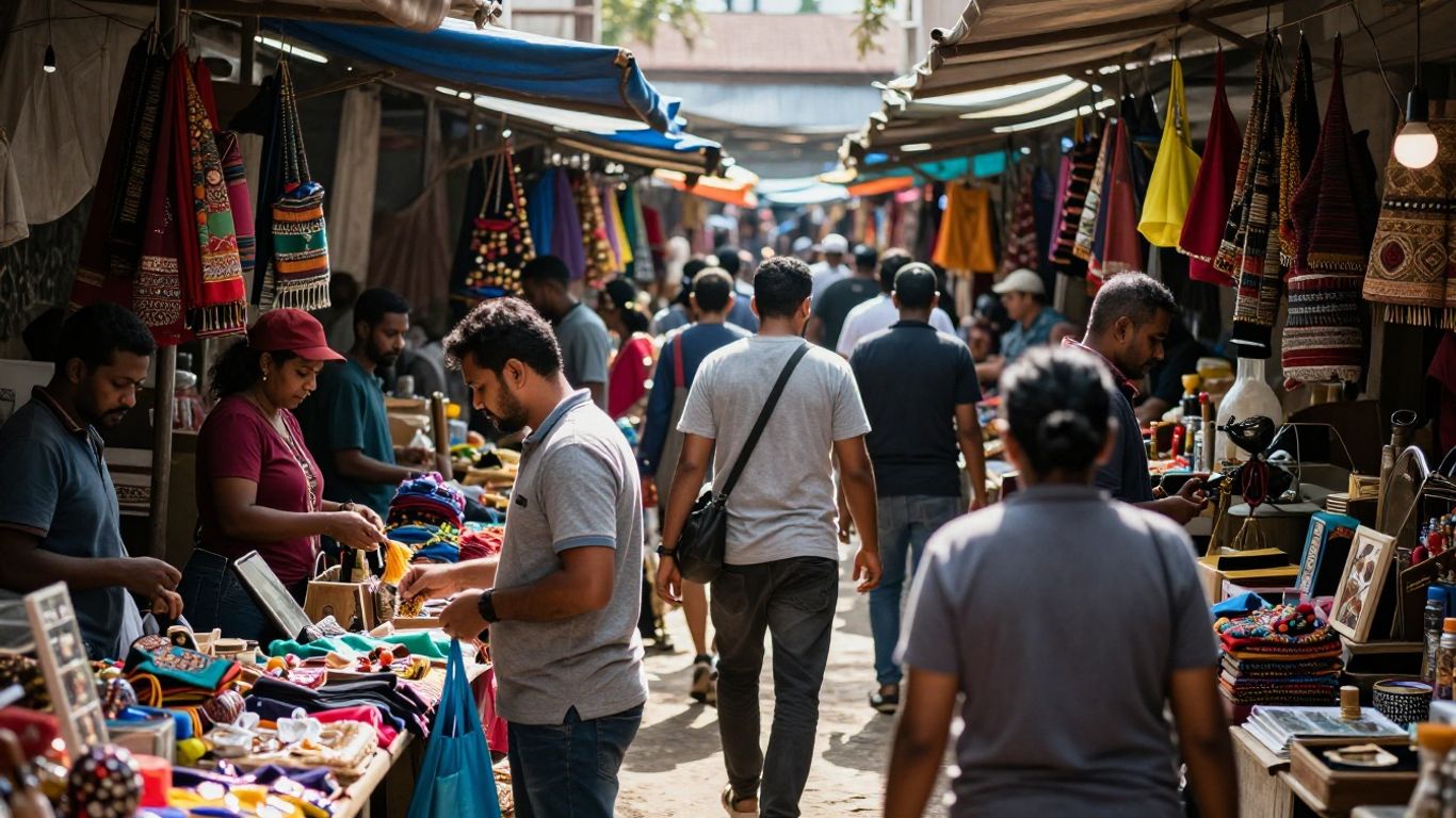 Diverse people in a lively marketplace exchanging goods.
